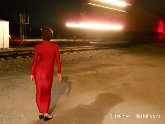 Redhead in Tight Hobble Dress Awaits Night Train – AI Generated Video | Hailuo AI