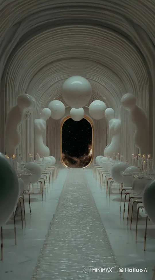 Futuristic Hall with Dynamic Abstract Art and Starry Galaxy View – AI Generated Video | Hailuo AI