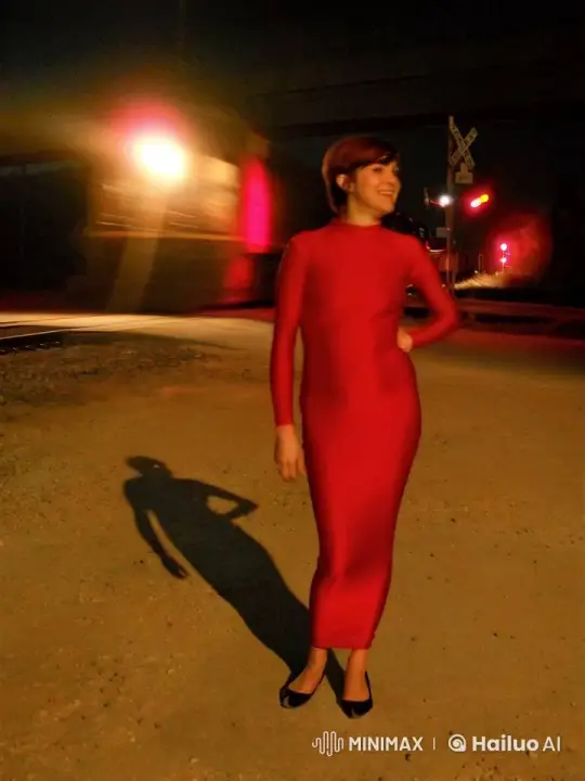Redhead in Red Dress Awaits Train at Night – AI Generated Video | Hailuo AI