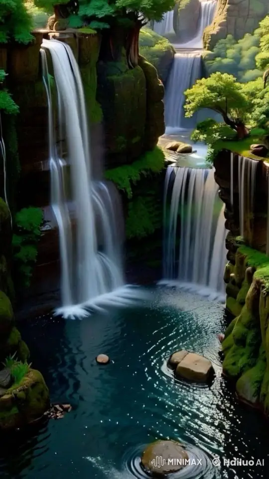 Lush Greenery and Cascading Waterfalls Scenery – AI Generated Video | Hailuo AI