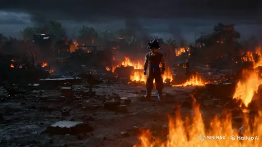 Goku Stands Amidst Ashes in Post-Apocalyptic Dragon Ball Scene – AI Generated Video | Hailuo AI