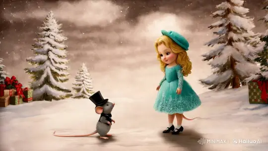 Vintage Winter Wonderland with Cute Girl and Mouse – AI Generated Video | Hailuo AI