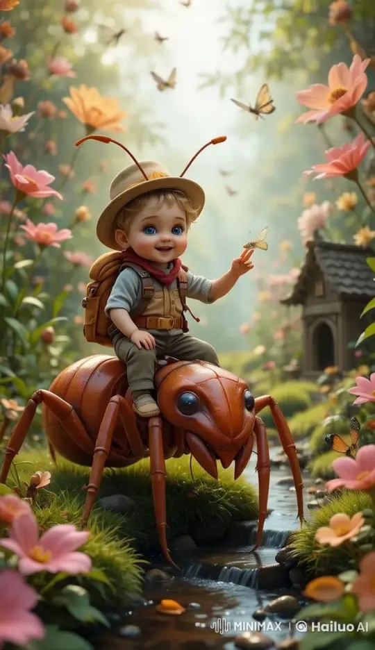 Baby Boy on Giant Ant in Magical Garden - 8K Live2D Animation – AI Generated Video | Hailuo AI