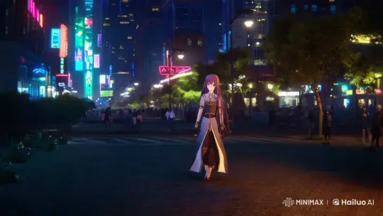 Anime Girl Navigates a Neon-Lit Night Cityscape – AI Generated Video | Hailuo AI
