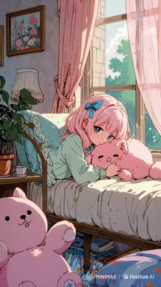 Girl Cuddles Bear Doll in Cozy Pastel Room – AI Generated Video | Hailuo AI