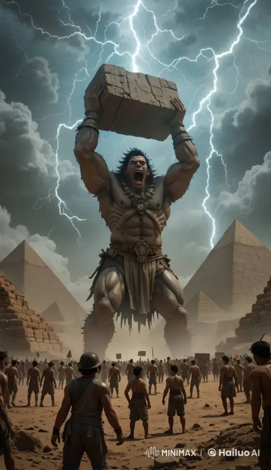 Colossal Giant Destroys Pyramid Amidst Stormy Fury – AI Generated Video | Hailuo AI