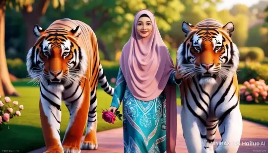 Woman in Hijab Walks with Tigers in Golden Garden – AI Generated Video | Hailuo AI