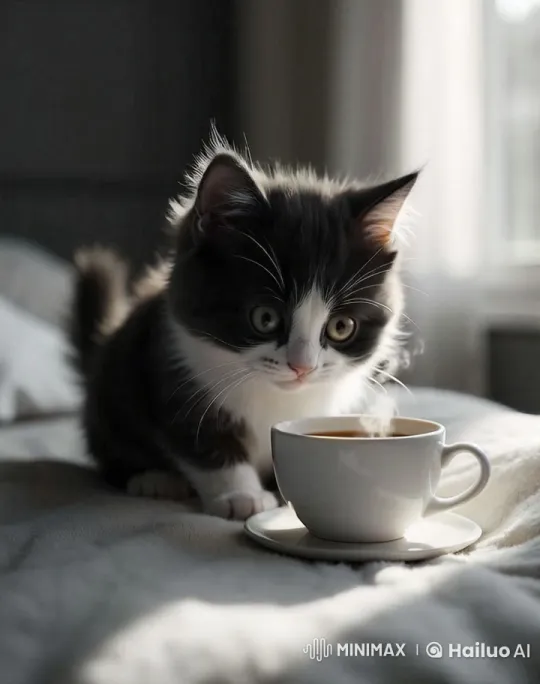 Curious Kitten Enjoys Breakfast by Coffee – AI Generated Video | Hailuo AI