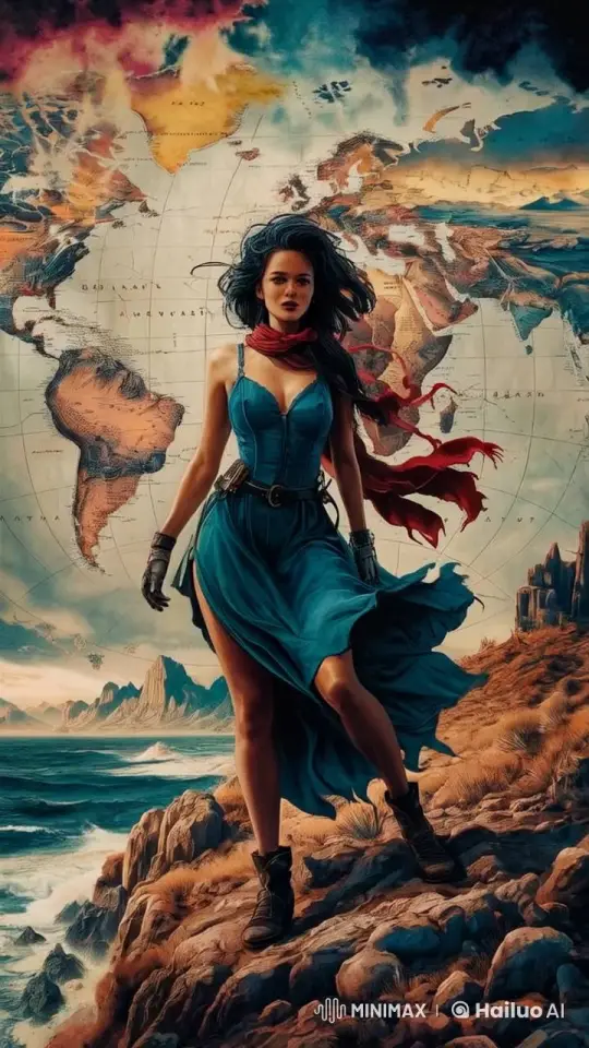 Dynamic Live2D Animation of a Woman on a Cliff with a World Map – AI Generated Video | Hailuo AI
