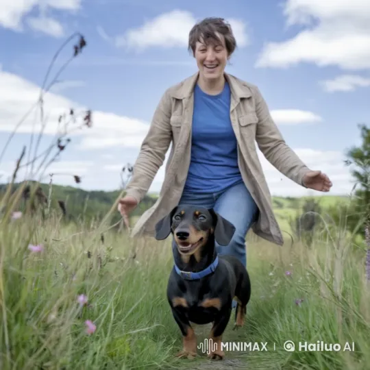 Woman, Dachshund, and Santa Enjoy a Scenic Walk – AI Generated Video | Hailuo AI