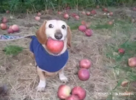 Dog in Blue Sweater Runs Through Apple Orchard at Dusk – AI Generated Video | Hailuo AI