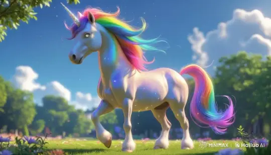 Magical Unicorn in Rainbow Meadow with Drone View – AI Generated Video | Hailuo AI