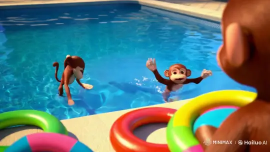 Colorful Poolside Monkey Antics with Sparkling Aesthetics – AI Generated Video | Hailuo AI