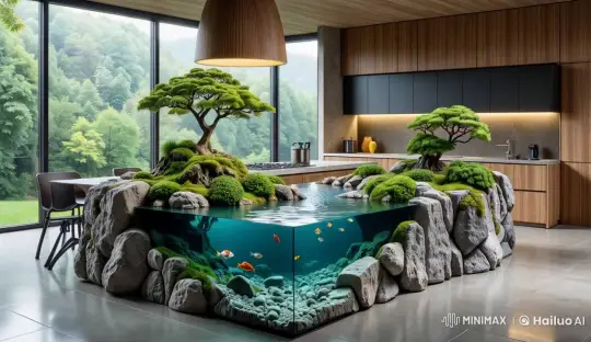 Modern Kitchen with Serene Aquarium Tabletop Display – AI Generated Video | Hailuo AI