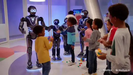 Futuristic Playroom: Children and Robots Interact – AI Generated Video | Hailuo AI