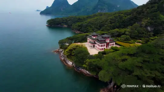 Aerial Panorama of an Island with a Majestic Mansion – AI Generated Video | Hailuo AI