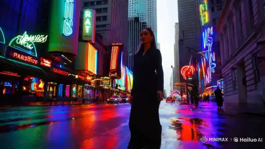 Neon-Lit City Street: A Woman's Stride in Urban Elegance – AI Generated Video | Hailuo AI