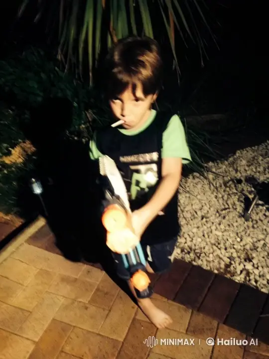 Boy Plays with Nerf Gun Imagining Alien Hunt at Night – AI Generated Video | Hailuo AI