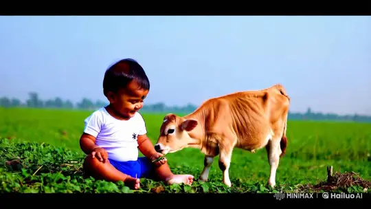 Infant and Calf Share Moment of Peace in Pastoral Setting – AI Generated Video | Hailuo AI
