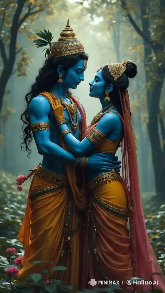 Golden-Hued Serenity: Woman Dances with Blue Man in Mystical Forest – AI Generated Video | Hailuo AI