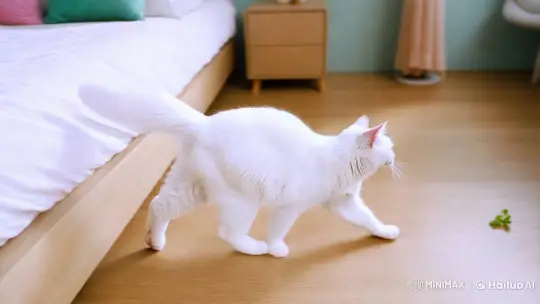 White Cat Enacts Balletic Grace in Sunlit Bedroom – AI Generated Video | Hailuo AI