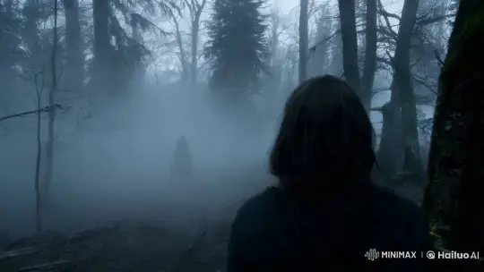 Cinematic First-Person Walkthrough of Foggy Woods with Emerging Ghost – AI Generated Video | Hailuo AI