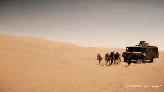 Desert Chase: Multi-Headed Predator vs. Terrified Survivors – AI Generated Video | Hailuo AI