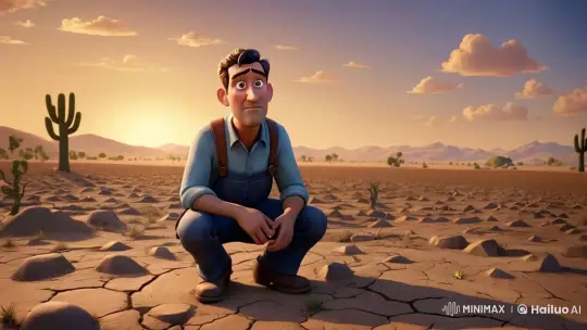 Farmer in Desert Contemplates Drought Amidst Dusk – AI Generated Video | Hailuo AI