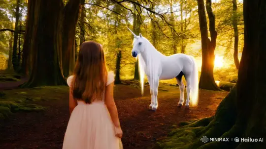 Girl Meets Majestic Unicorn in Enchanted Forest – AI Generated Video | Hailuo AI