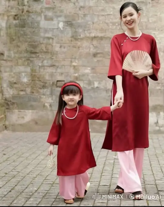 Mother and Daughter Walk on Cobblestone Path in Traditional Dresses – AI Generated Video | Hailuo AI