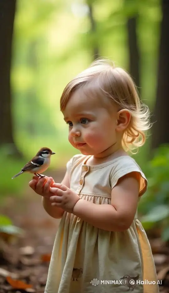 Child and Bird in Peaceful Forest Interaction – AI Generated Video | Hailuo AI