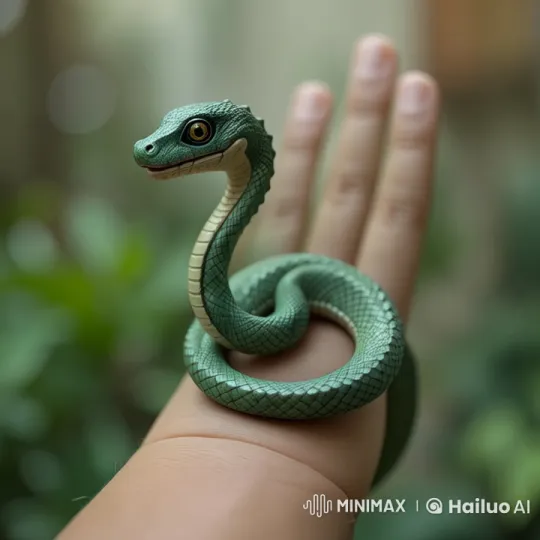 Cute Green Snake Curiously Coiled on Finger – AI Generated Video | Hailuo AI