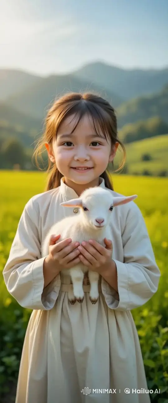 Girl and Baby Goat Bond in Pastoral Serenity – AI Generated Video | Hailuo AI