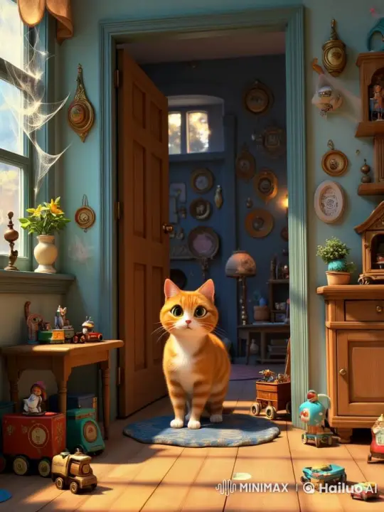 Curious Orange Cat Explores Dusty Room of Vintage Toys – AI Generated Video | Hailuo AI