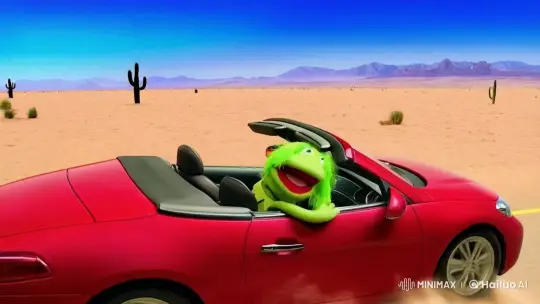 Green Puppet Drives Convertible Across Desert Skyline – AI Generated Video | Hailuo AI