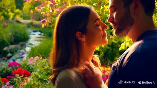 Intimate Embrace in a Serene Garden Setting – AI Generated Video | Hailuo AI