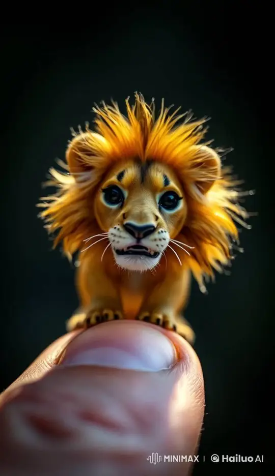 Tiny Lion Cub Explores on Fingertip with Curiosity – AI Generated Video | Hailuo AI