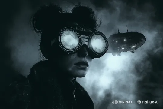 Futuristic Goggles-Wearer Observes Airship in Misty Live2D Scene – AI Generated Video | Hailuo AI