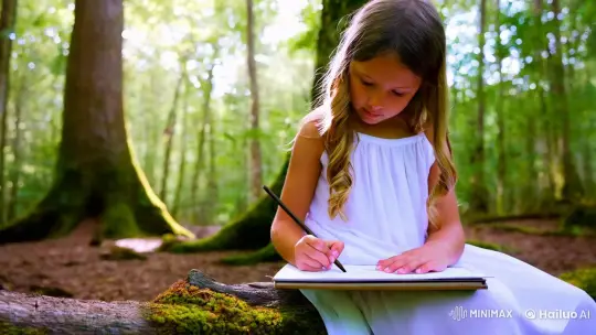 Girl Sketching in Sunlit Forest Clearing – AI Generated Video | Hailuo AI