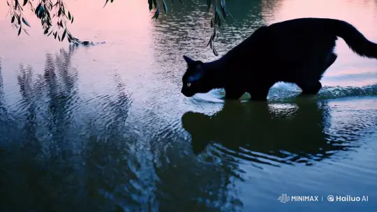 Glossy Black Cat Gracefully Moves Across Reflective Pond – AI Generated Video | Hailuo AI