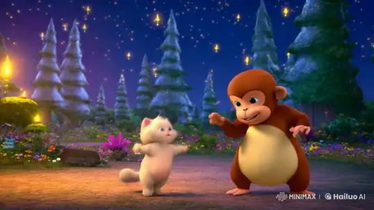 Nighttime Forest Dance of Cat and Monkey – AI Generated Video | Hailuo AI