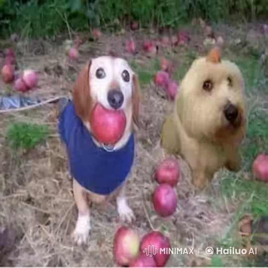 Dogs Enjoy Eating Apples in a Lush Garden Setting – AI Generated Video | Hailuo AI