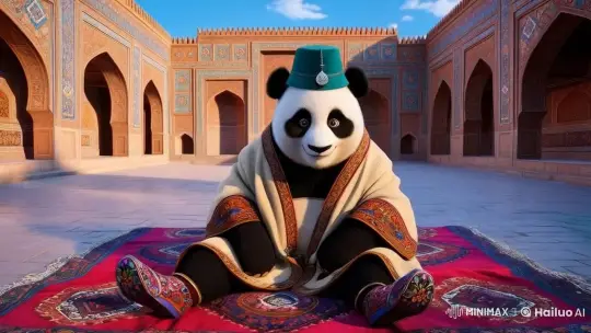 Panda in Ornate Attire Enjoying Serene Courtyard – AI Generated Video | Hailuo AI