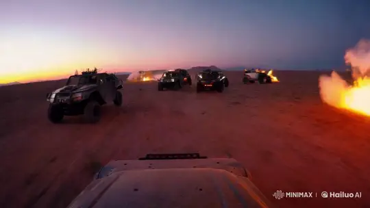 Desert Chase: Twilight POV of Armoured Vehicles – AI Generated Video | Hailuo AI