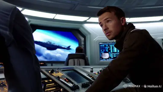 Captain Monitors Approaching Spaceship in Futuristic Control Room – AI Generated Video | Hailuo AI