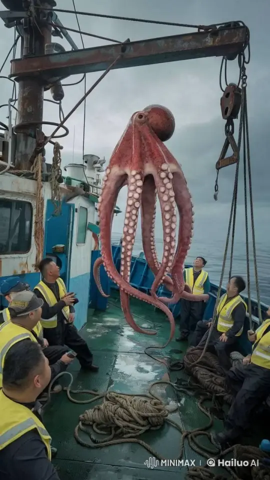 Large Octopus Hoisted by Crane on Fishing Vessel – AI Generated Video | Hailuo AI
