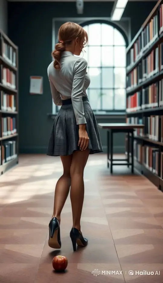 Elegant Librarian Picks Up Apple in Serene Library – AI Generated Video | Hailuo AI