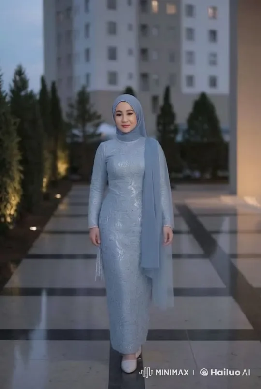 Woman in Hijab Walks Gracefully in Modern Outdoor Setting – AI Generated Video | Hailuo AI