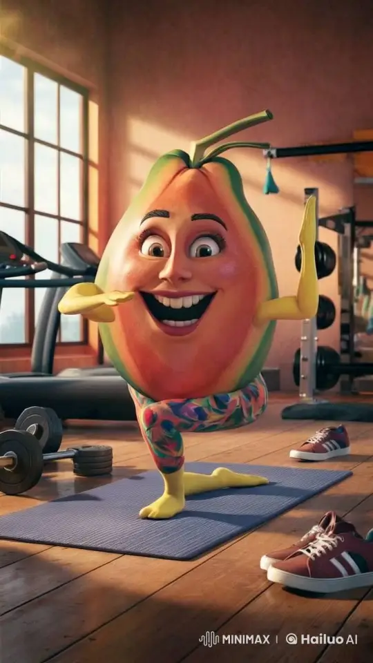Cheerful Mango Jumps Joyfully in Animated Gym Video – AI Generated Video | Hailuo AI