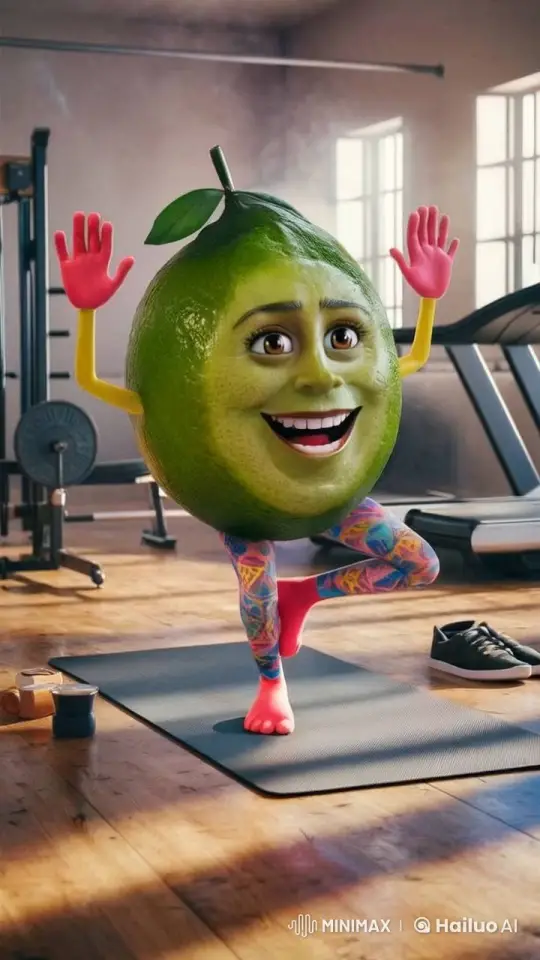 Lime Character Enthusiastically Jumps on Yoga Mat – AI Generated Video | Hailuo AI